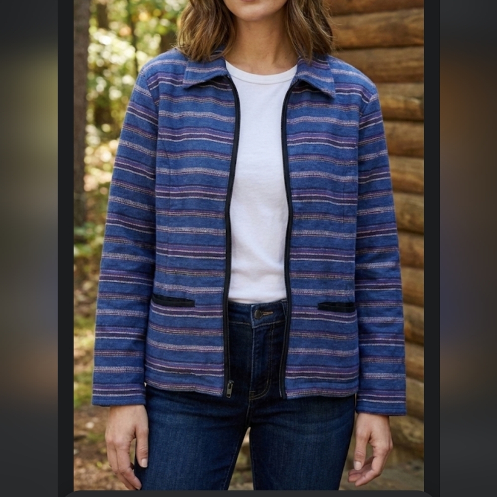 Vintage Cabelas Boxy Zippered Jacket Blue Multi Stripe Wmn's Lg